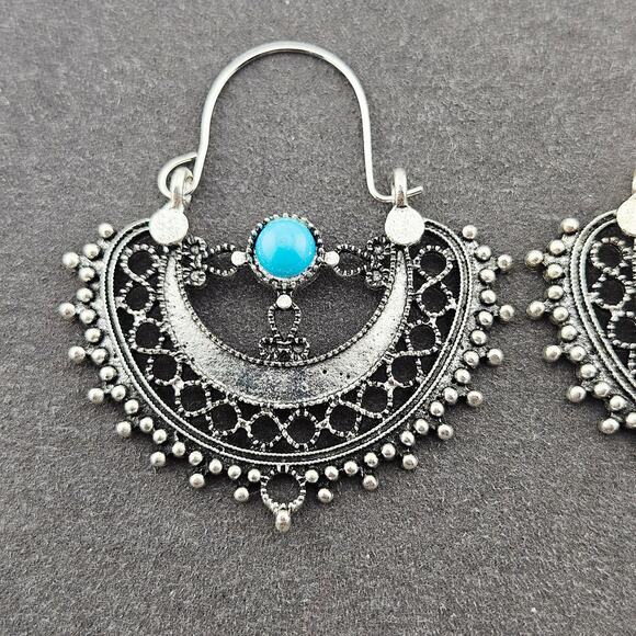 Silver Tone Chandelier Hoop Earrings Artesian Bohemian Hippie Cowgirl Glam - Picture 2 of 4
